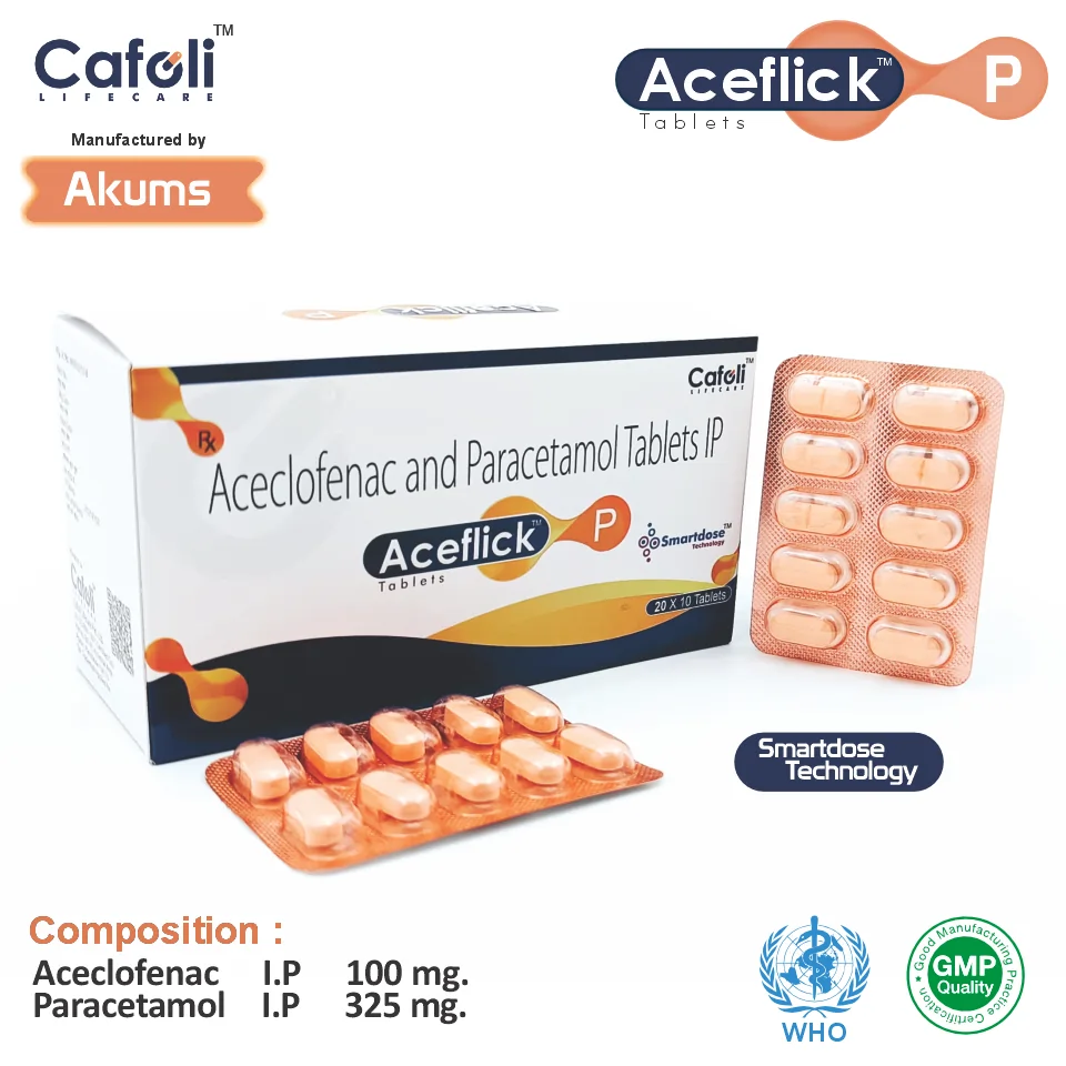 ACEFLICK P Tablet Aceclofenac 100mg and Paracetamol 325mg smart tablets manufactured by Akums for Cafoli Lifecare